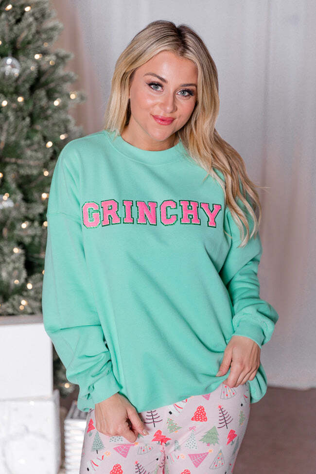 Grinchy Chenille Patch Lime Oversized Graphic Sweatshirt - RECALLS