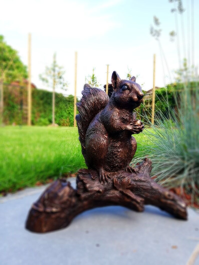 Bronze sculpture of a squirrel  on a stump - Garden decor - Bronze porch decor