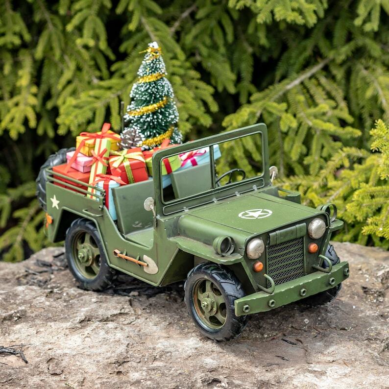Vintage Style Automobiles with Christmas Trees and Gifts