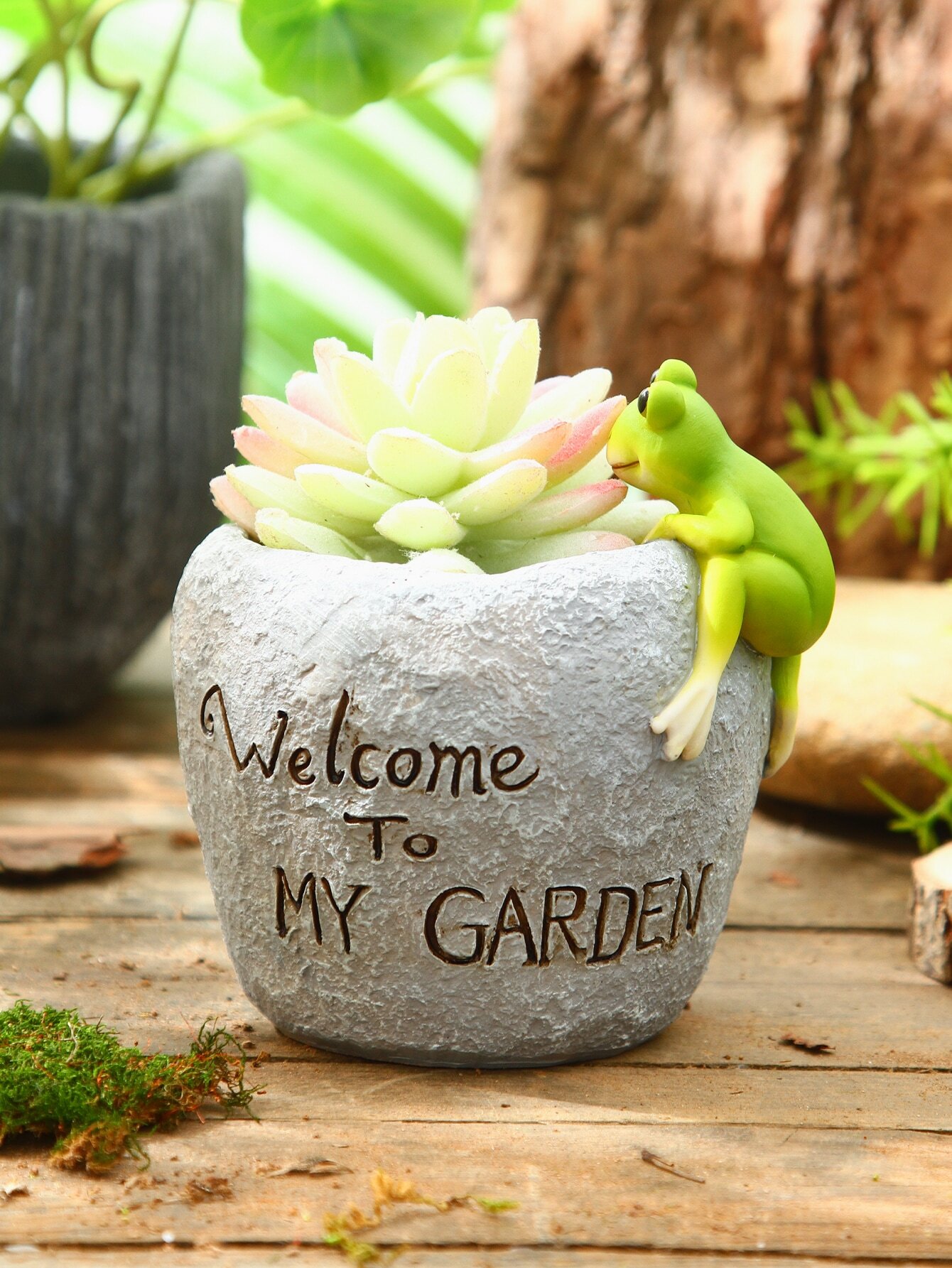 1pc ABS Garden Plant Pot, Creative Frog & Stone Design Flowerpot For Outdoor