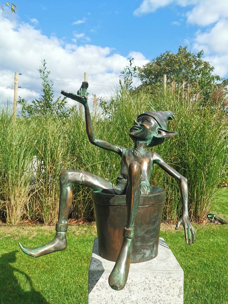 Extra large garden pixie - Bronze fountain - Bronze garden gnome