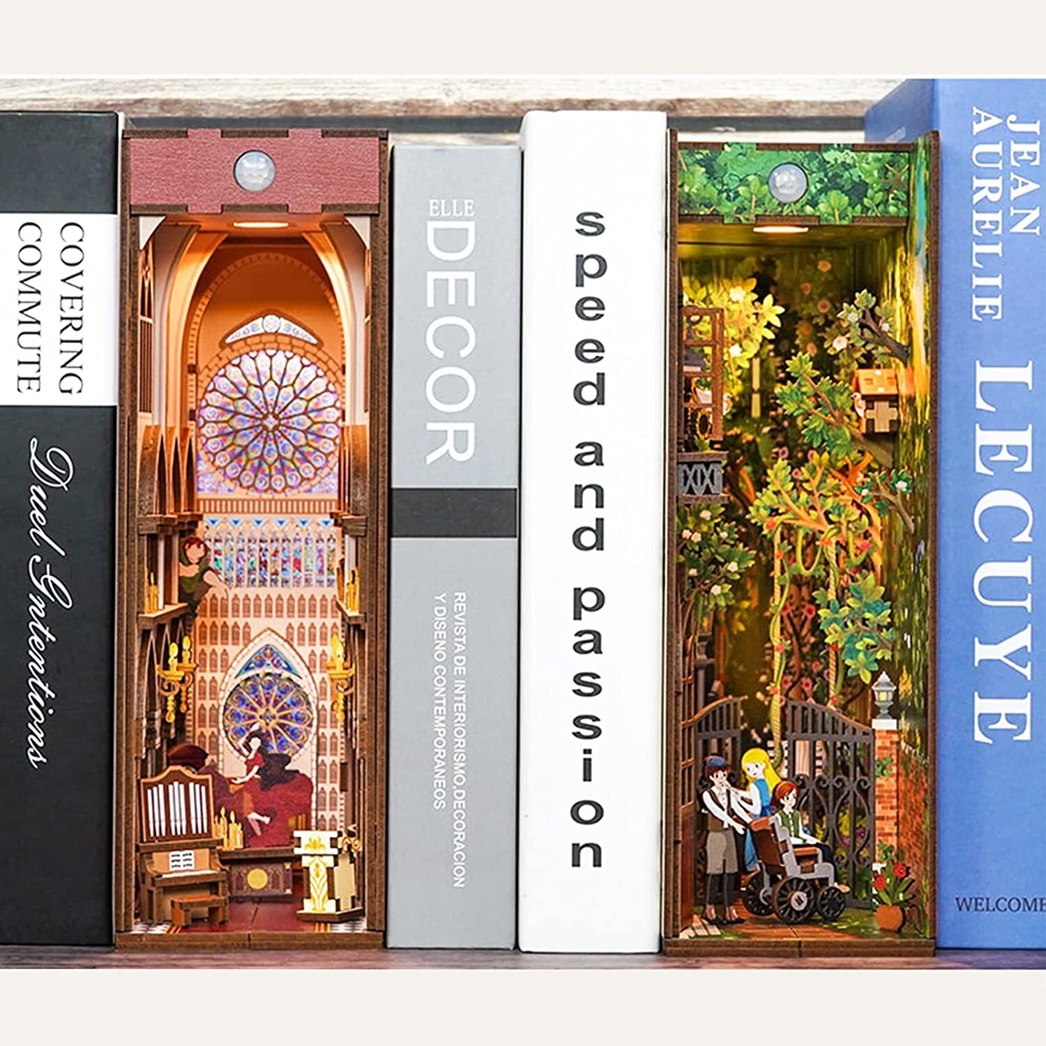 Desmond DIY Book Nook Kit, Miniature Dollhouse Kit 3D Wooden Puzzle with Sensor Light Booknook Bookshelf Insert Diorama Forest Deer Tiny Alley Decor Bookshelf Kits to Build for Kids/Adults