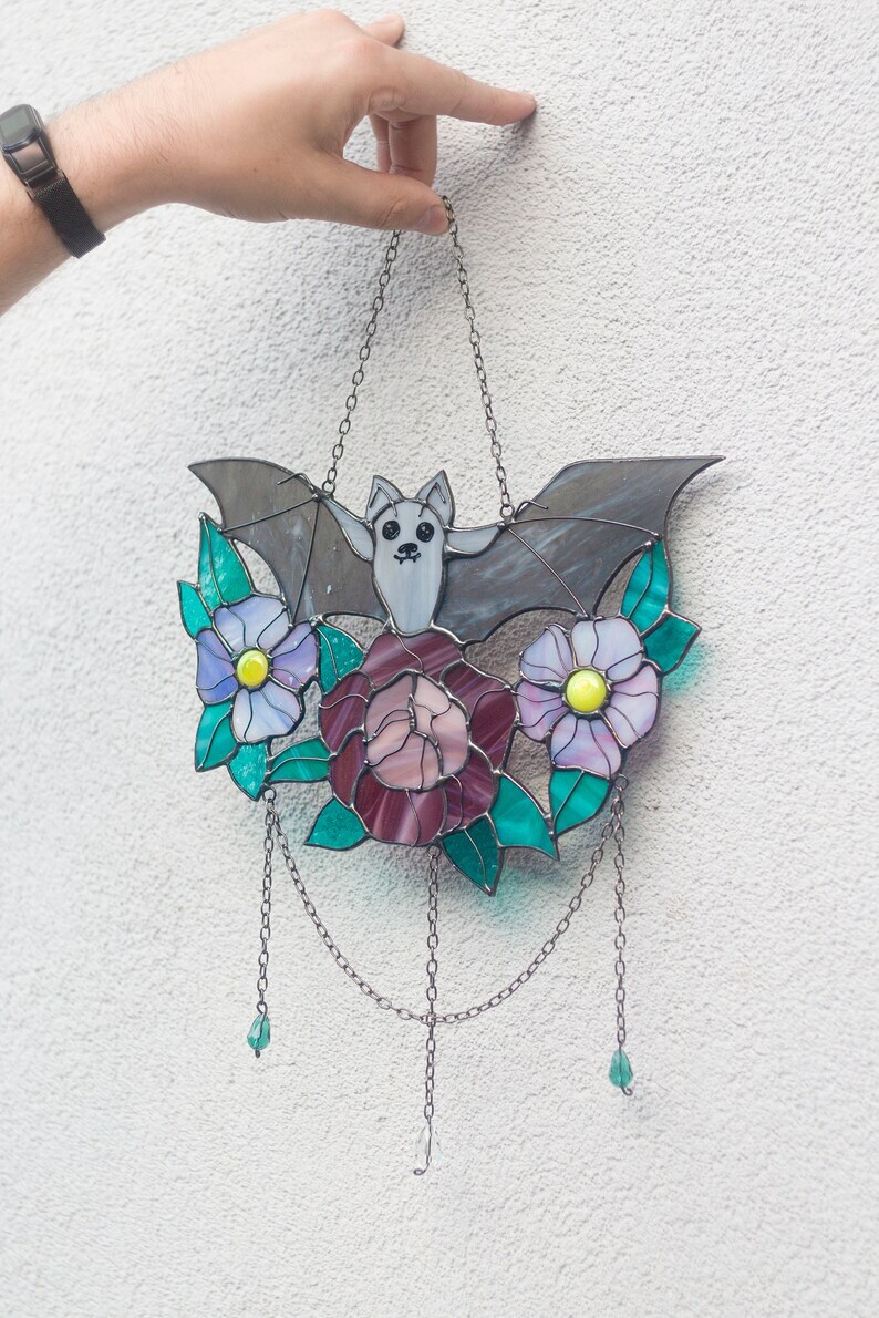 Dreamcatcher bat with flowers Gothic Hallowen decor Stained glass bat Suncatcher Wall hanging Window panel Hand made Gift idea