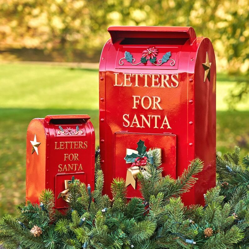 Set of 2 Glossy Red Christmas Mailboxes with Gold Details Medium and Small