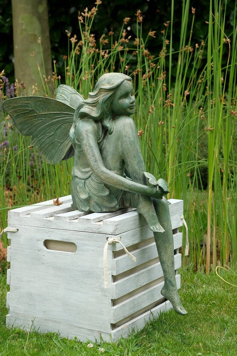 Bronze Garden Sculpture of a Winged Fairy with Butterfly on Hand Bronze Nymph Sculpture Garden Art Statue Outdoor Bronze Fairy Statue  Deco