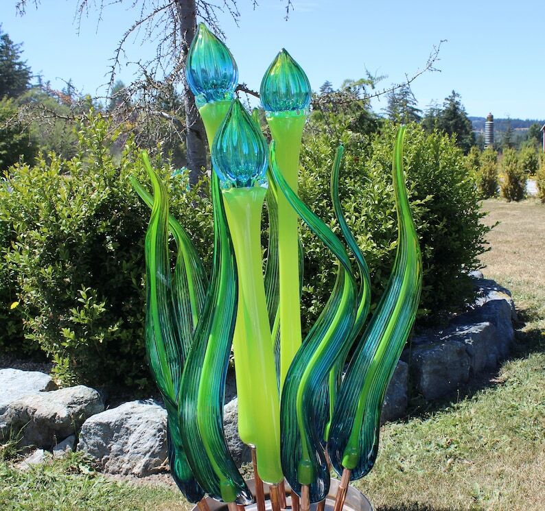 Yard Art Glass Hand Blown Glass handblown Garden Art  glass sculpture Flower Bud Leaf  10 piece set 3410 aqua  blue green