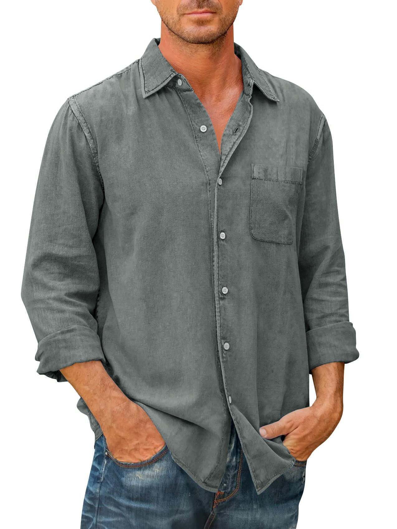 7 -Pack Men's Solid Color Pocket Cotton Long Sleeve Shirt - Vicace