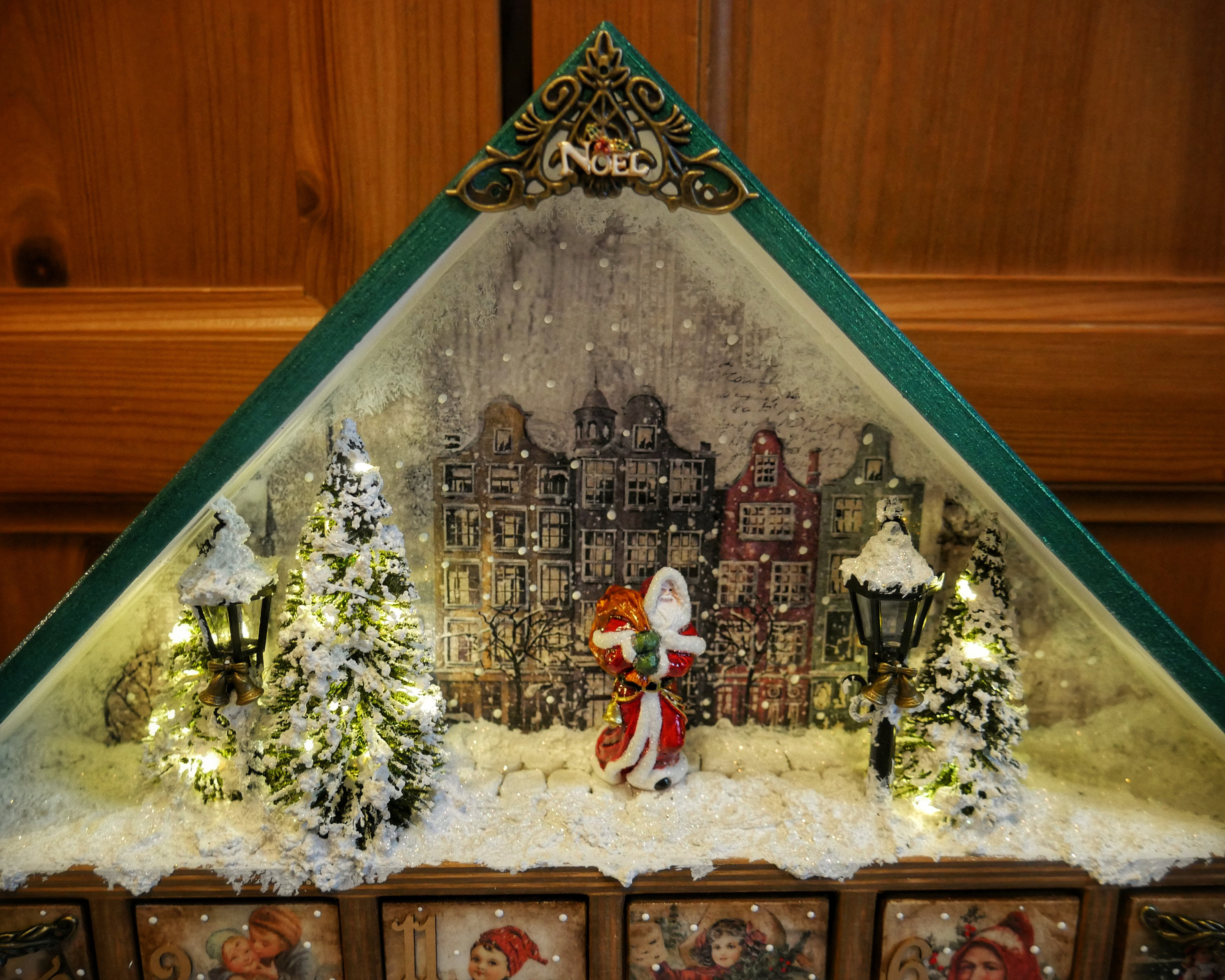 Handmade wooden advent calendar,christmas house with drawers,decoupage xmas ornament,led light scene,santa claus diorama,old style
