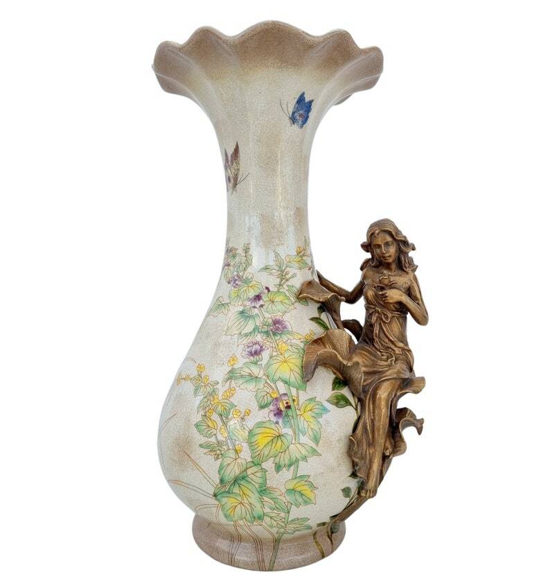 Art Nouveau style flower vase - Porcelain vase with bronze ornaments - Spring decoration