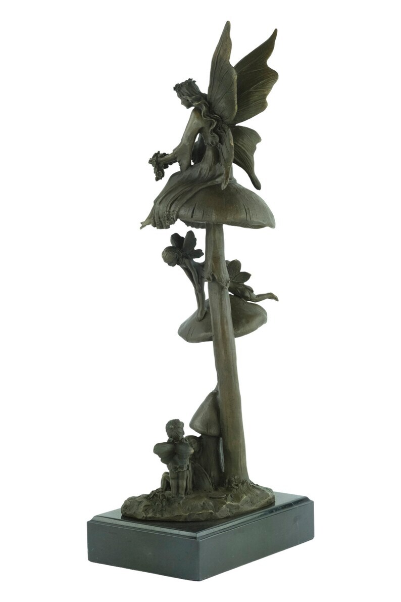 Large Bronze Fairies on Mushrooms Statue Bronze Fairies Sculpture Mythology Figurine Winged Fairy Art Bronze Art Sculpture Fairy Decoration