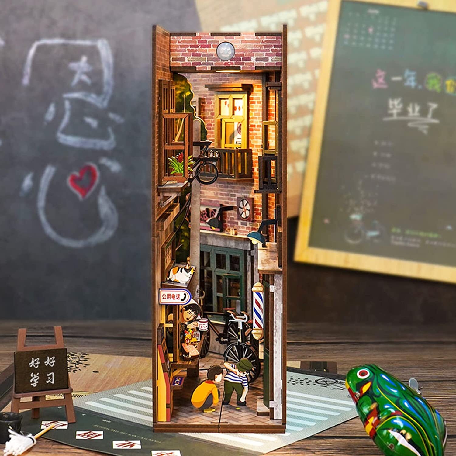 Desmond DIY Book Nook Kit, Miniature Dollhouse Kit 3D Wooden Puzzle with Sensor Light Booknook Bookshelf Insert Diorama Forest Deer Tiny Alley Decor Bookshelf Kits to Build for Kids/Adults