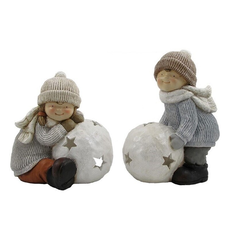 Set of 2 Kids with Snowball Candleholder with Star Cutouts