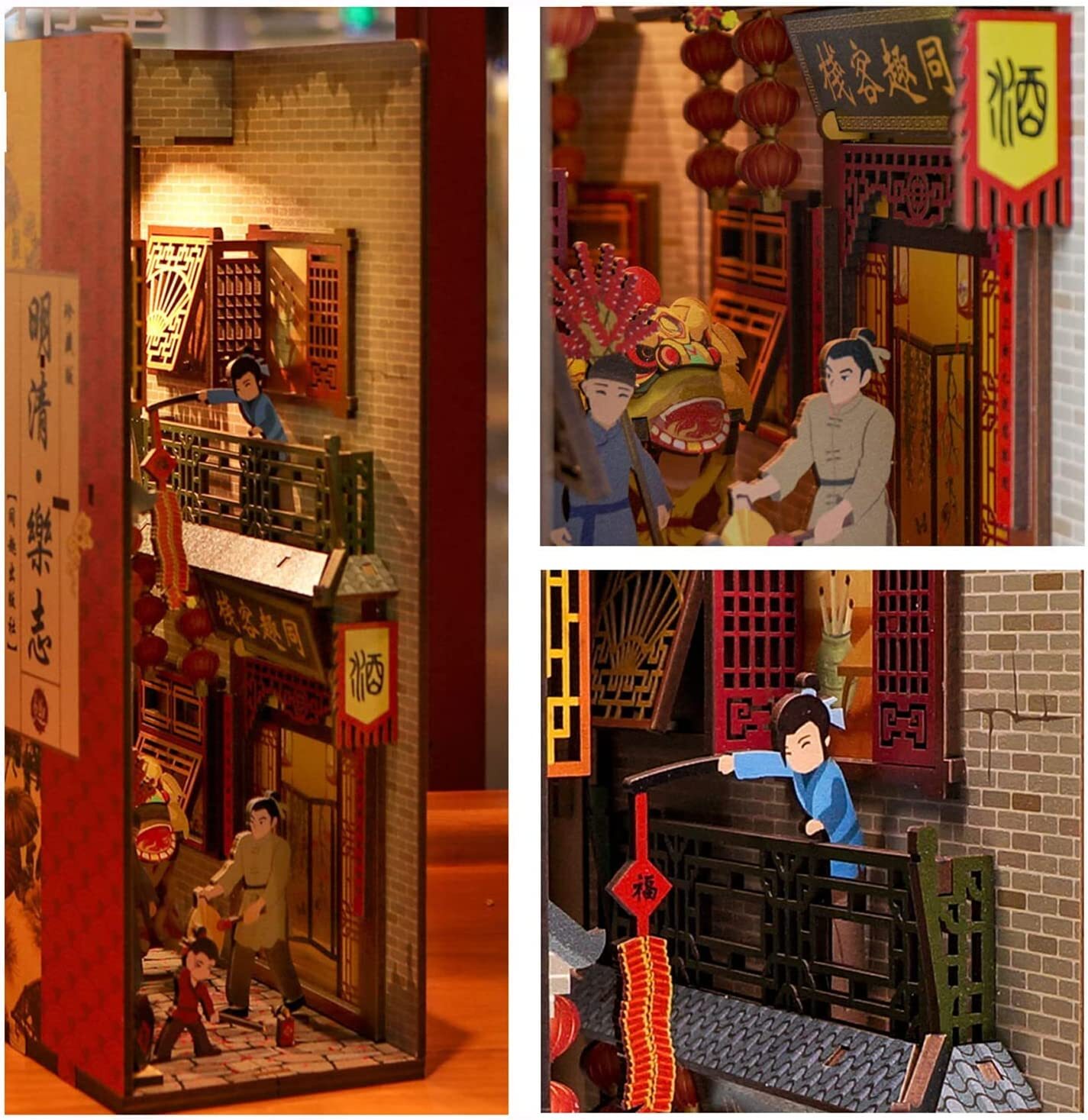 Desmond DIY Book Nook Kit, Miniature Dollhouse Kit 3D Wooden Puzzle with Sensor Light Booknook Bookshelf Insert Diorama Forest Deer Tiny Alley Decor Bookshelf Kits to Build for Kids/Adults