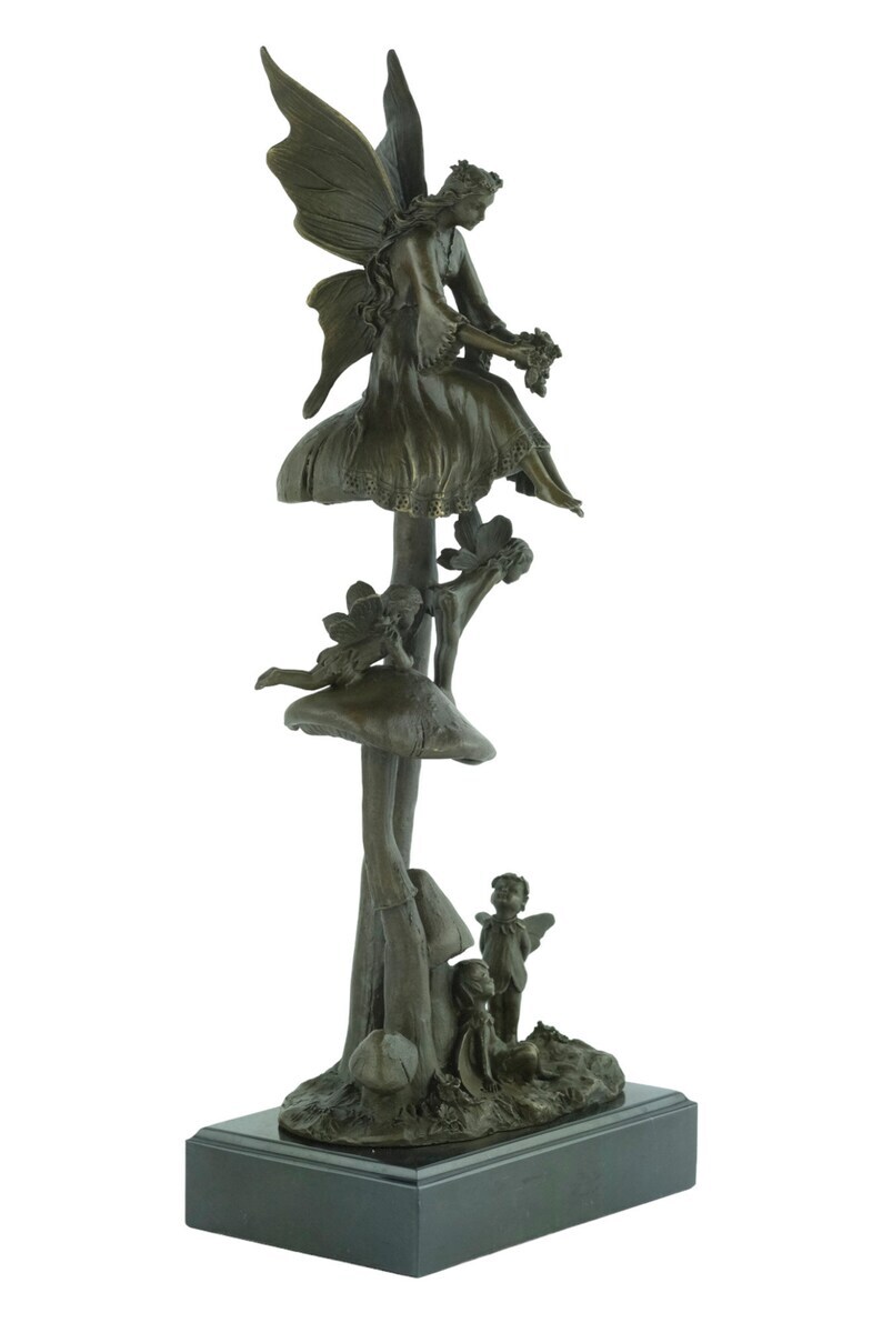Large Bronze Fairies on Mushrooms Statue Bronze Fairies Sculpture Mythology Figurine Winged Fairy Art Bronze Art Sculpture Fairy Decoration