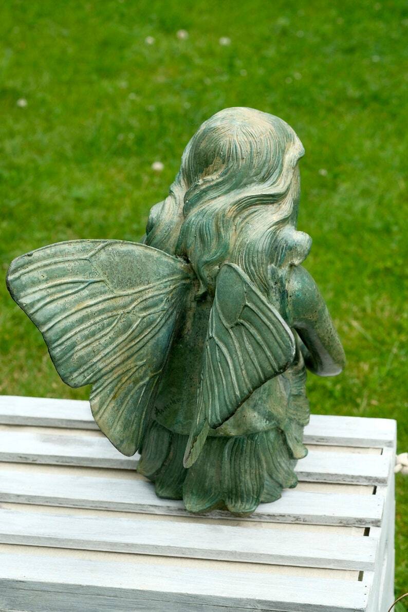 Bronze Garden Sculpture of a Winged Fairy with Butterfly on Hand Bronze Nymph Sculpture Garden Art Statue Outdoor Bronze Fairy Statue  Deco