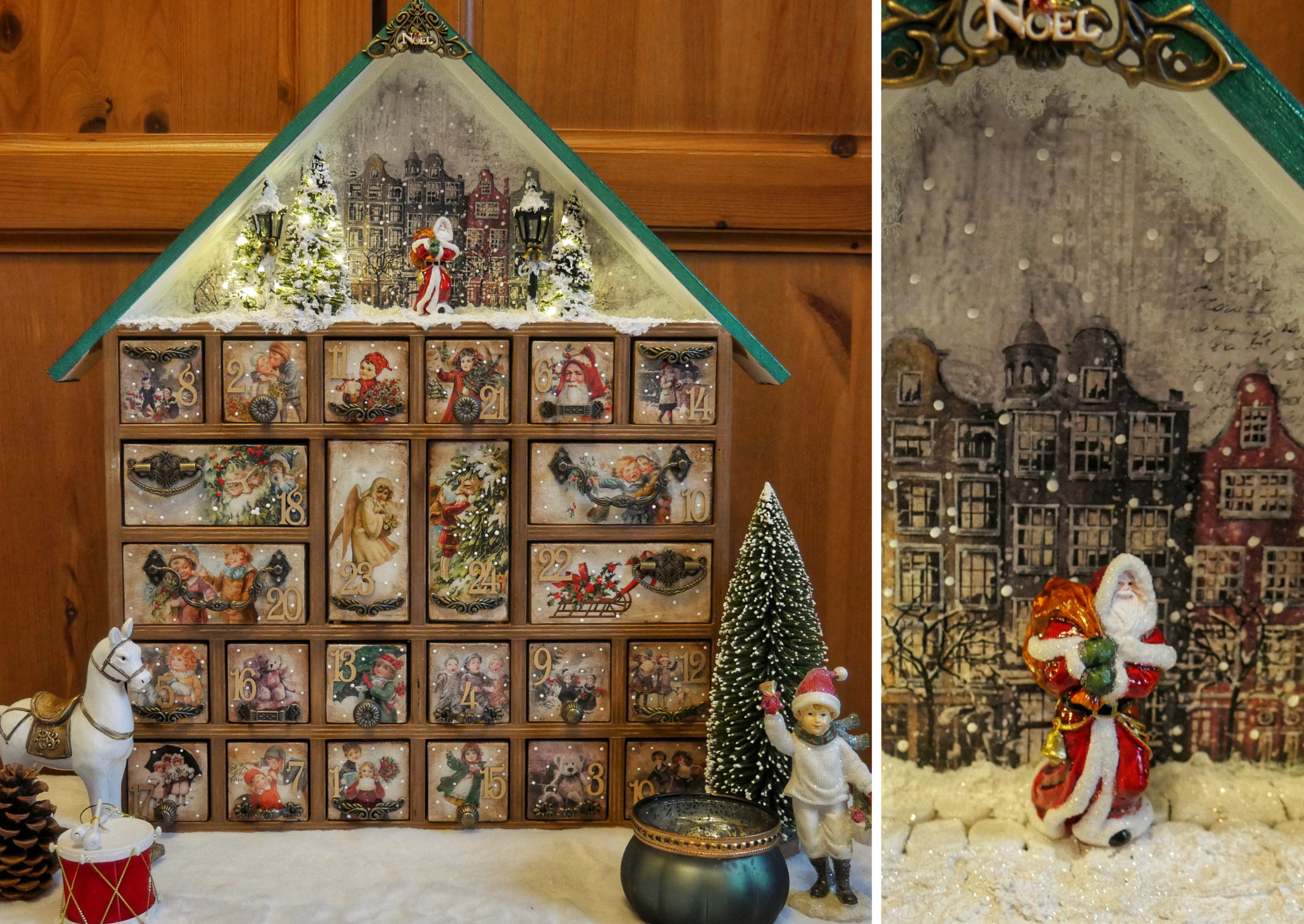 Handmade wooden advent calendar,christmas house with drawers,decoupage xmas ornament,led light scene,santa claus diorama,old style