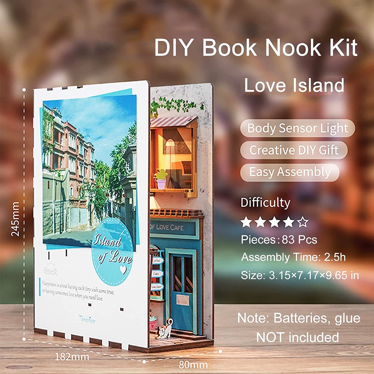 Desmond DIY Book Nook Kit, Miniature Dollhouse Kit 3D Wooden Puzzle with Sensor Light Booknook Bookshelf Insert Diorama Forest Deer Tiny Alley Decor Bookshelf Kits to Build for Kids/Adults