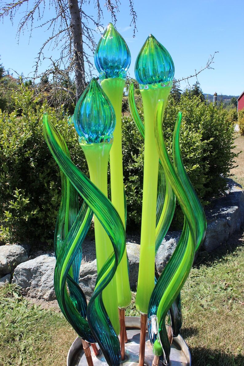 Yard Art Glass Hand Blown Glass handblown Garden Art  glass sculpture Flower Bud Leaf  10 piece set 3410 aqua  blue green