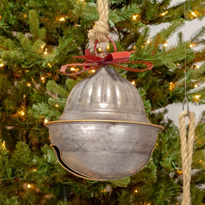 Set of 7 Large Galvanized Jingle Bells with Ribbon and Rope