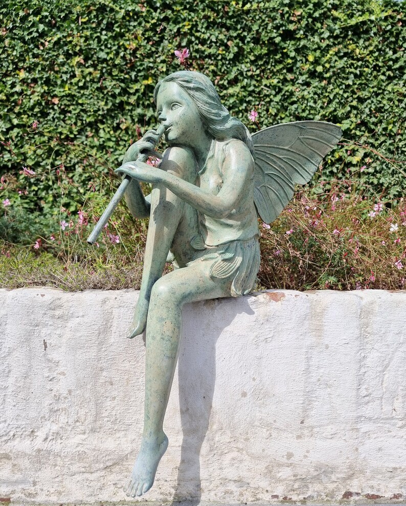 Bronze fairy with flute - Garden art - Bronze outdoor statues - Romantic garden