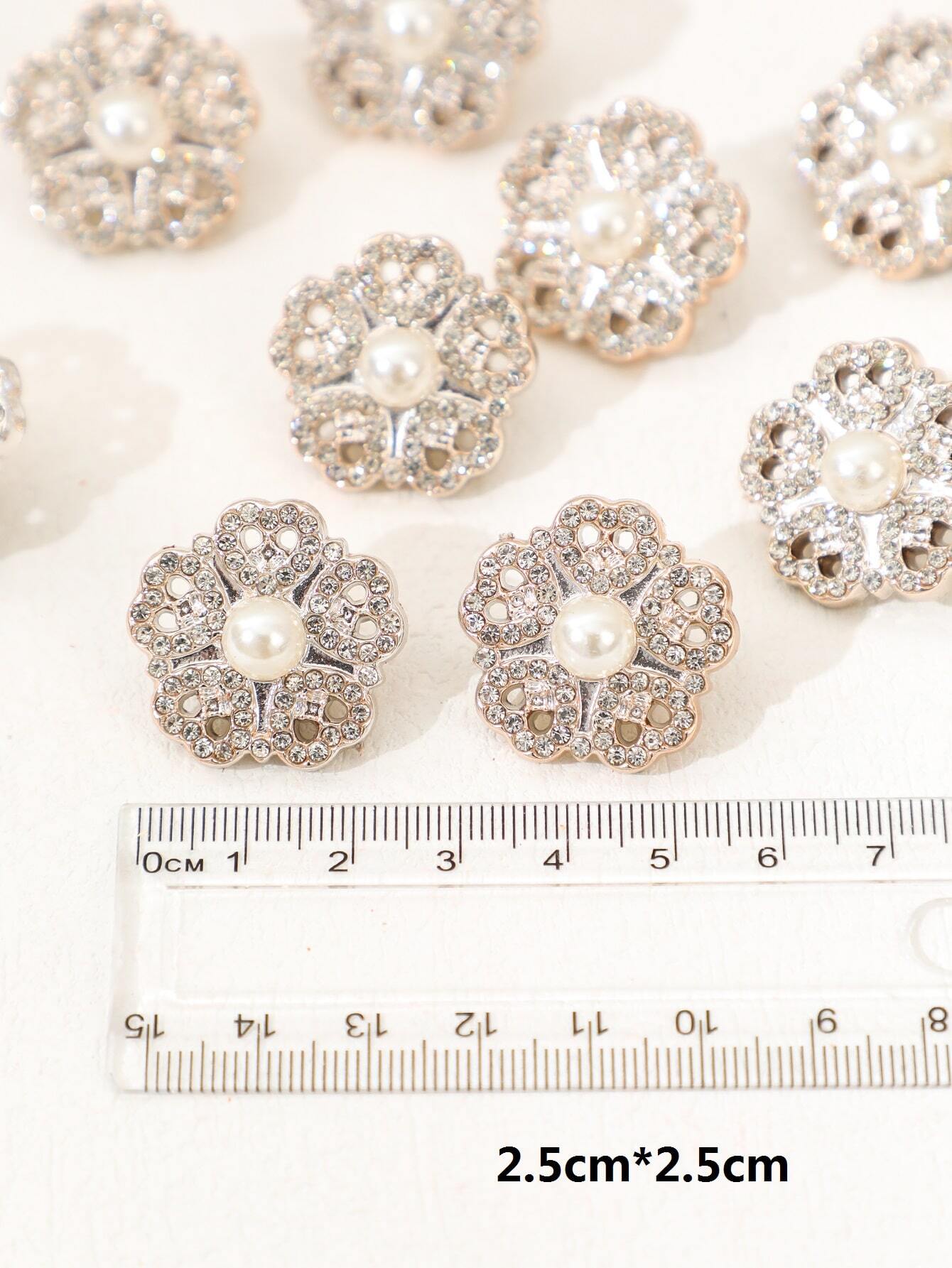 10pcs Rhinestone & Faux Pearl Flower Design DIY Button