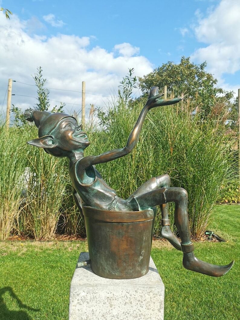 Extra large garden pixie - Bronze fountain - Bronze garden gnome