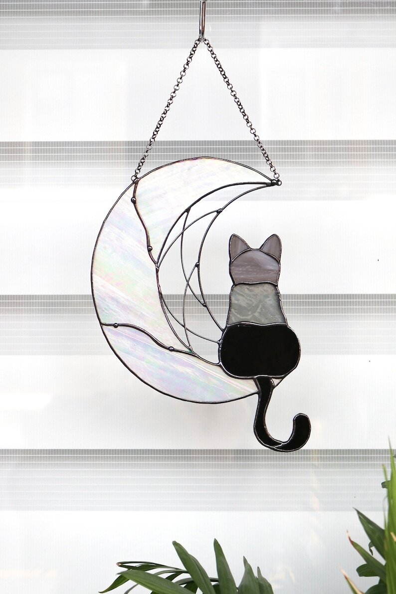 Suncatcher Black Сat on the Moon Stained glass Window hanging decor Wall Art Gift for cat lover Window glass suncatcher