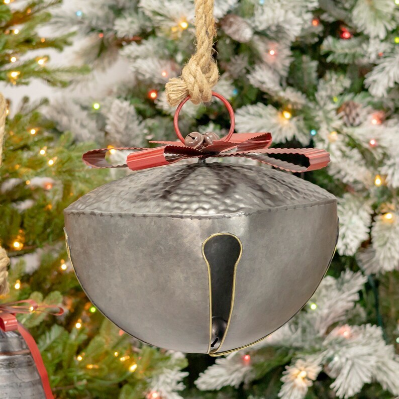 Set of 7 Large Galvanized Jingle Bells with Ribbon and Rope