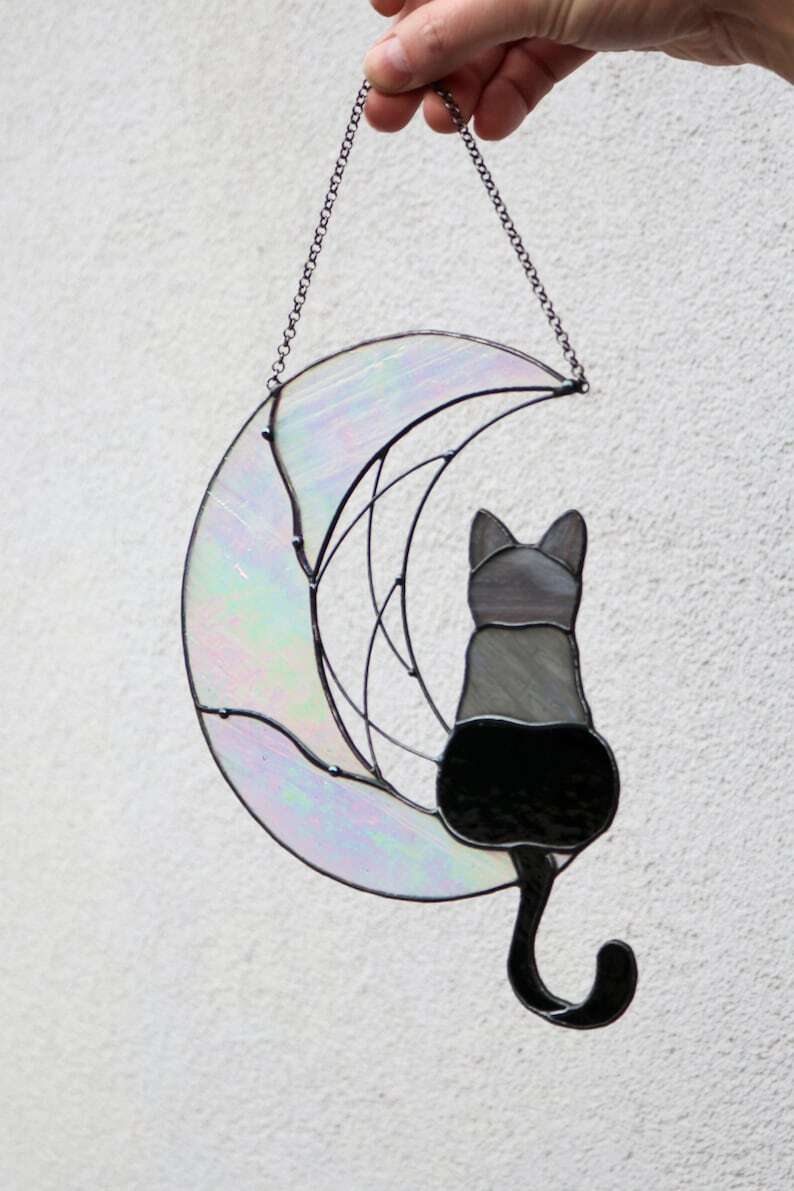 Suncatcher Black Сat on the Moon Stained glass Window hanging decor Wall Art Gift for cat lover Window glass suncatcher
