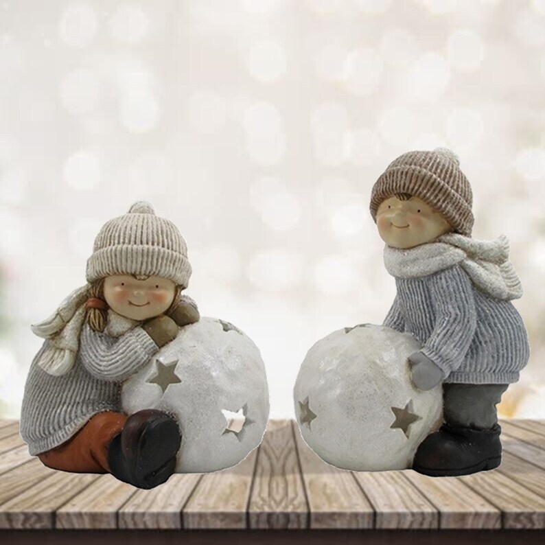 Set of 2 Kids with Snowball Candleholder with Star Cutouts