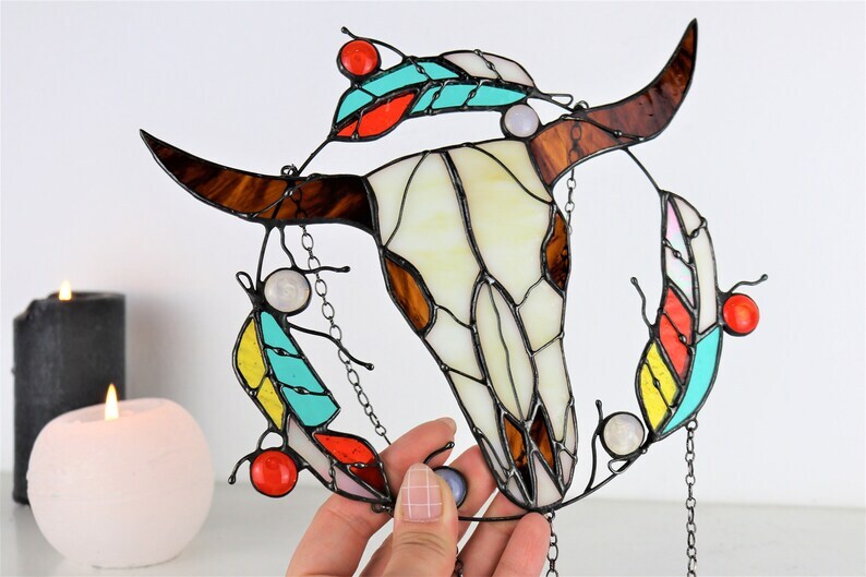 Bull skull and feather dreamcatcher Stained glass wall decor Suncatcher bull skull Custom gift Southwest suncatcher Mystical decor