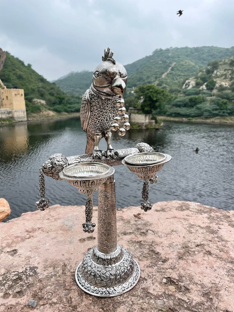 Copper Silver polish Parrot figure, Bird figure, Bird statue, Candle holder, Antique collectible