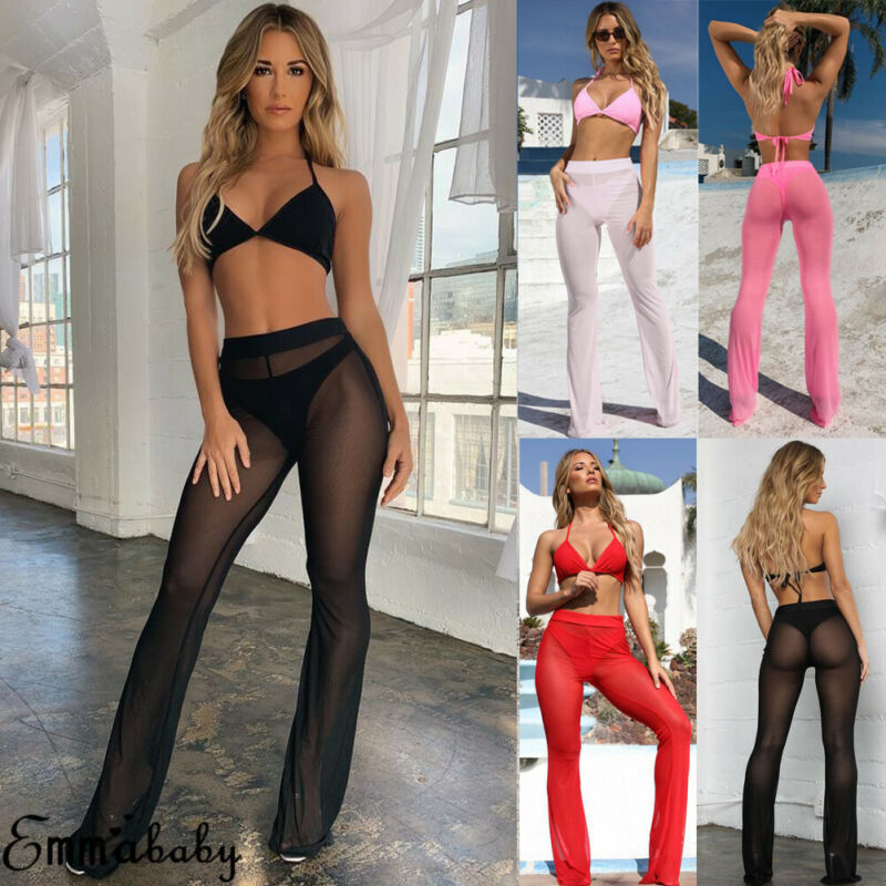 Hot Sexy Ruffle Women Beach Mesh Pants Sheer Leg Pants Transparent See through Cover Up Bikini Trouser Pantalon