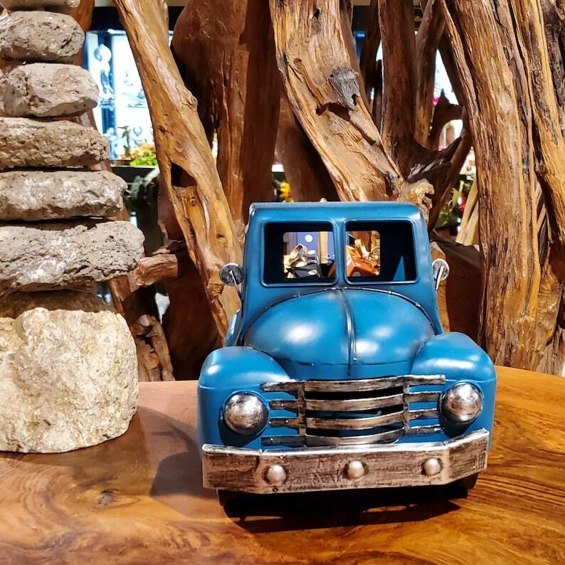 Metal Truck with Christmas Tree and Gifts- Antique Light Blue