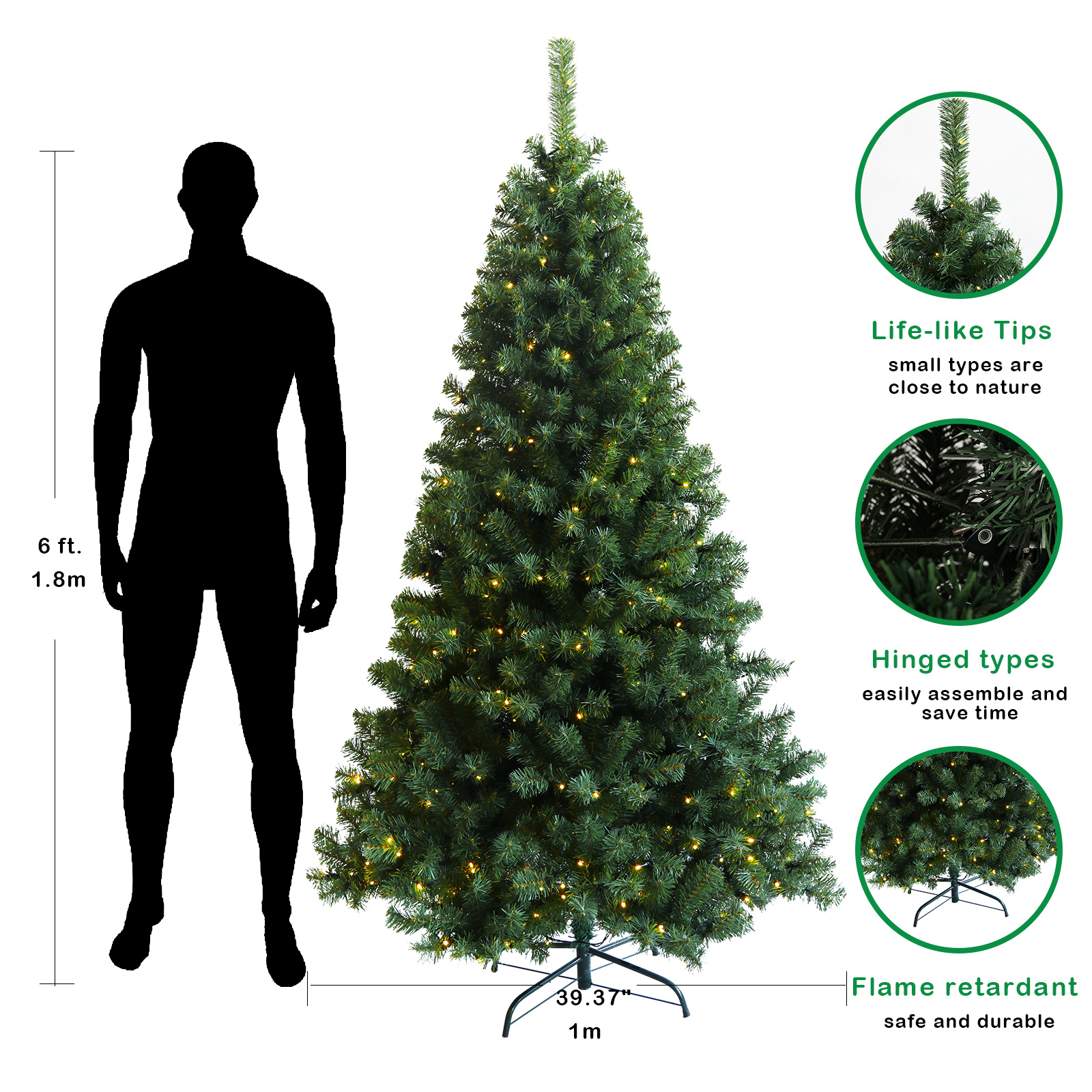 Pre-lit Christmas Tree 6ft Artificial Hinged Xmas Tree with  Foldable Stand