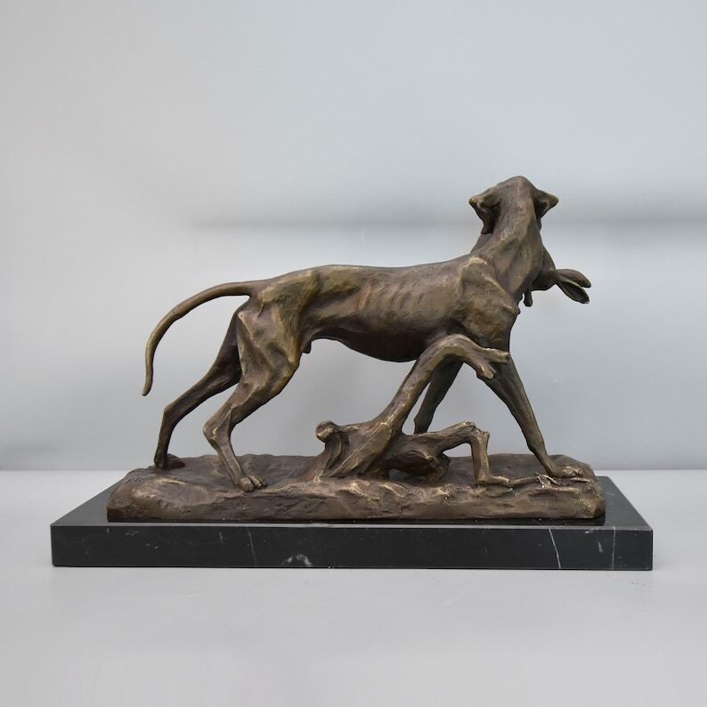 Pointer Hunting Dog with Hare, Large Bronze Sculpture on Marble Base, Vintage Figurine, Gift Idea for Hunter