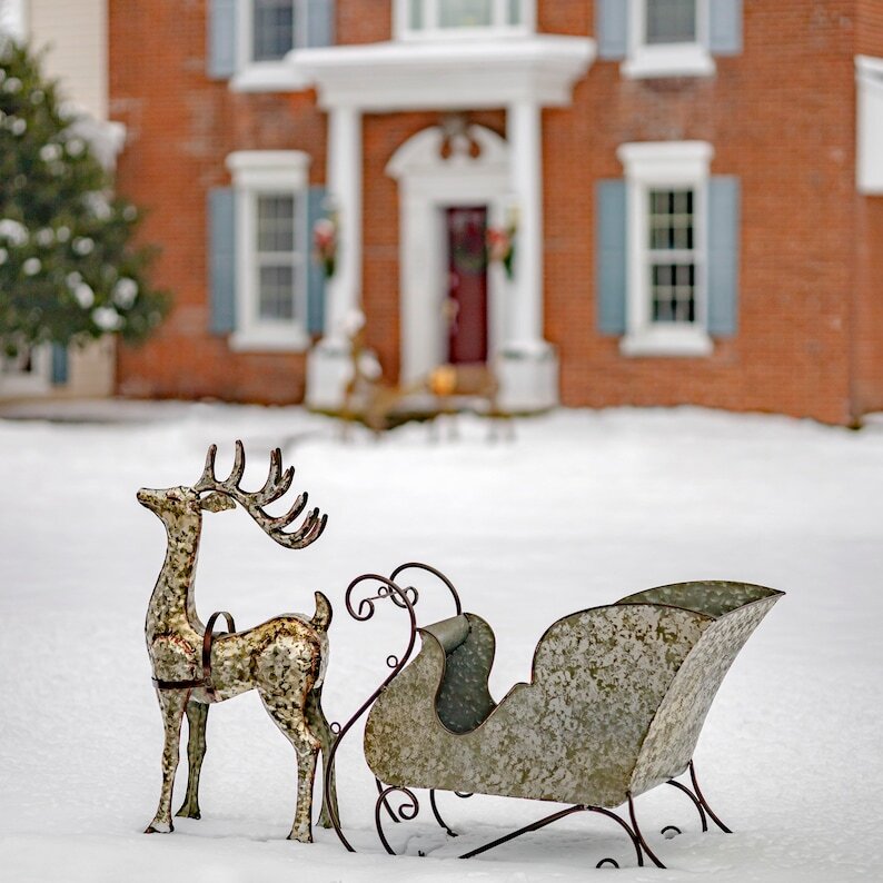 Large Galvanized Reindeer with Sleigh Decoration