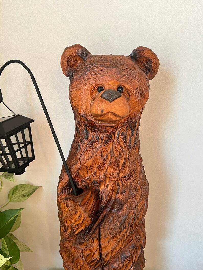Adorable Bear Chainsaw Carving with Solar Light, Cabin Decor