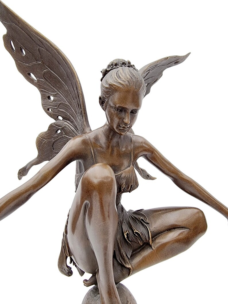 Large bronze fairy on sphere - Seated fairy - Magic sculpture
