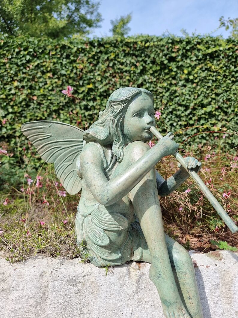 Bronze fairy with flute - Garden art - Bronze outdoor statues - Romantic garden