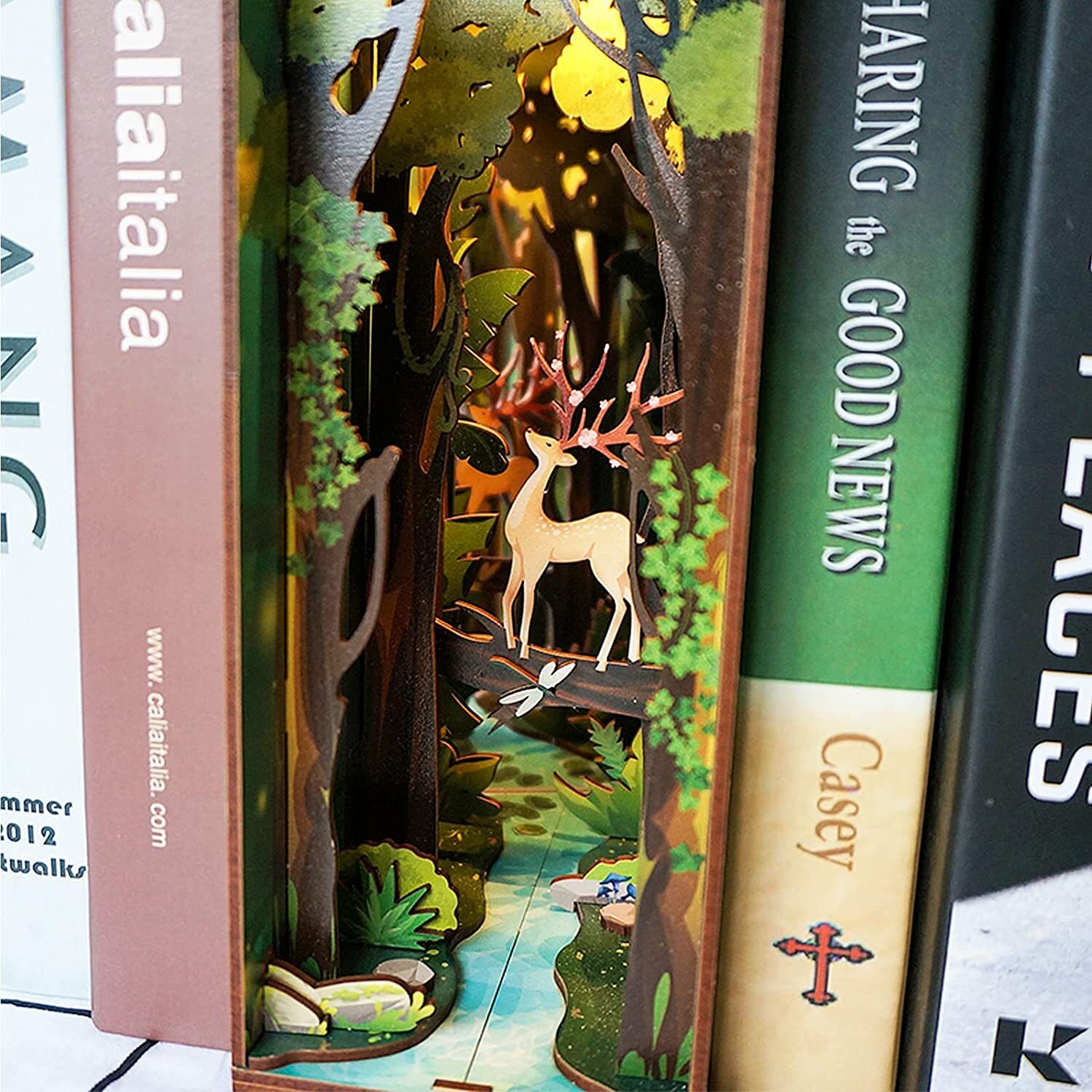 Desmond DIY Book Nook Kit, Miniature Dollhouse Kit 3D Wooden Puzzle with Sensor Light Booknook Bookshelf Insert Diorama Forest Deer Tiny Alley Decor Bookshelf Kits to Build for Kids/Adults