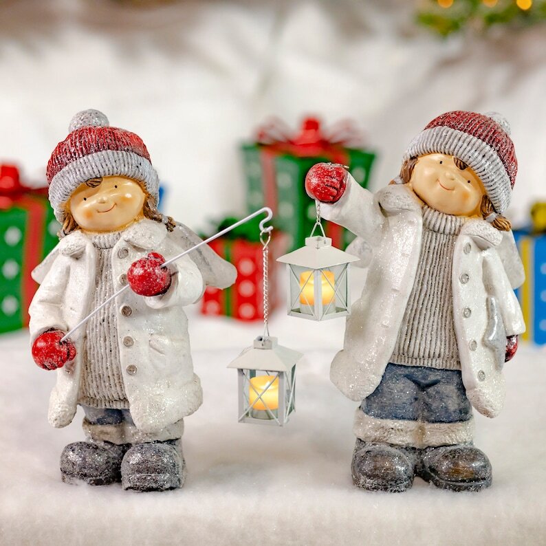 Set of 2 Angel Kids with Red Hats Carrying Lanterns