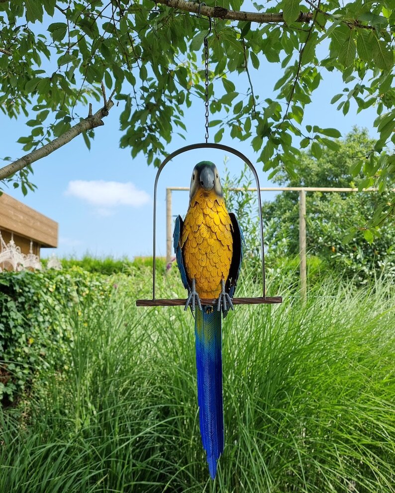 Colorful blue and yellow parrot - Parrot on a swing - Garden Decoration