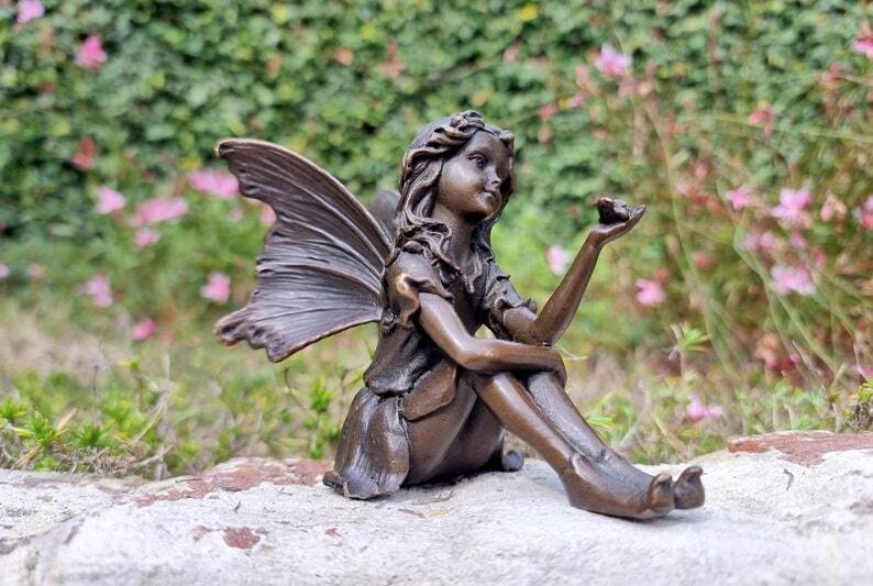 Bronze Fairy - Cute Bronze Elf - Home and Garden Ornaments - Sitting Fairy / Pixie