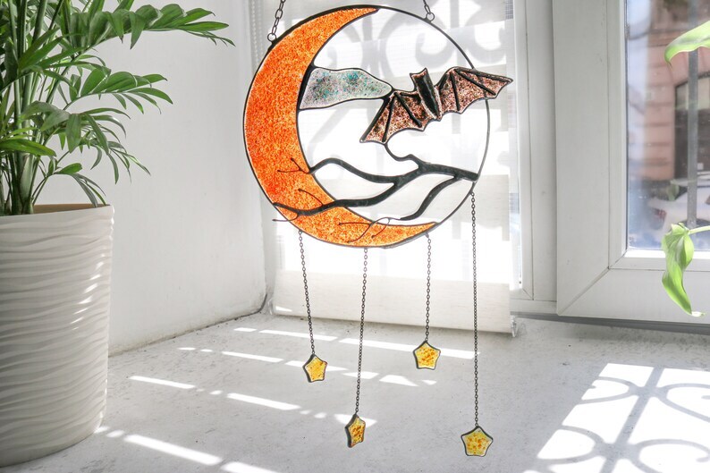 Dreamcatcher moon with bats and stars Stained glass Suncatcher bats Suncatcher moon Mystical decor Moon decor wall hanging