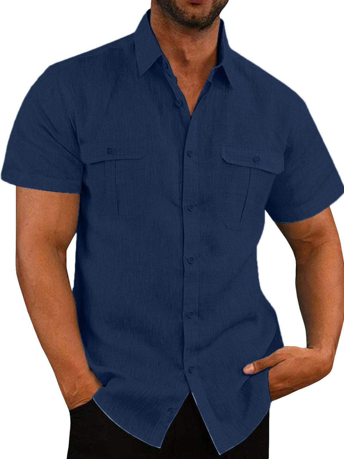7-Pack Men's Shirts Double Pocket Cotton Linen Short Sleeve Shirts Cas ...
