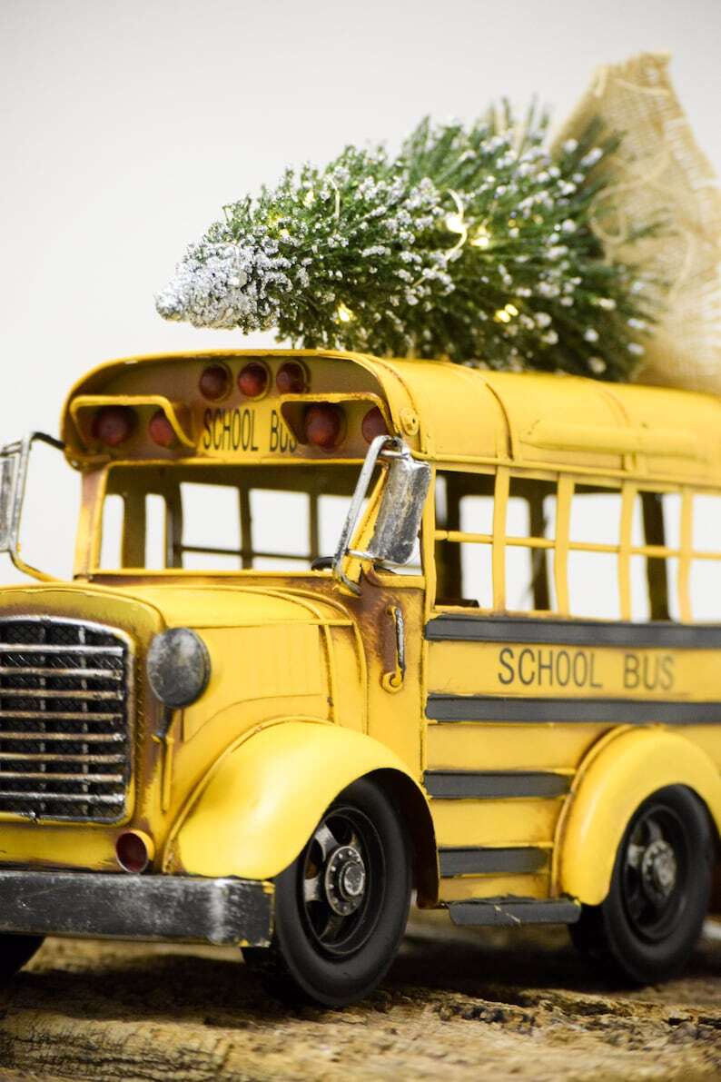 Vintage Style Model School Bus with Christmas Tree