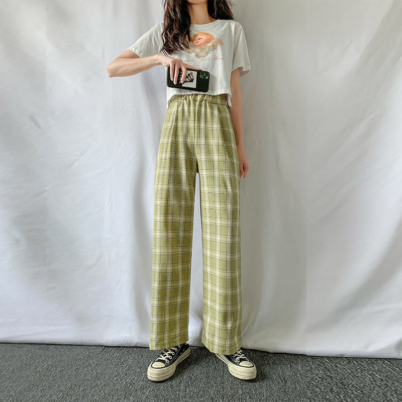 Plaid pants women summer 2022 new high-waisted loose-fitting straight trousers dropshipping tug pants casual pants