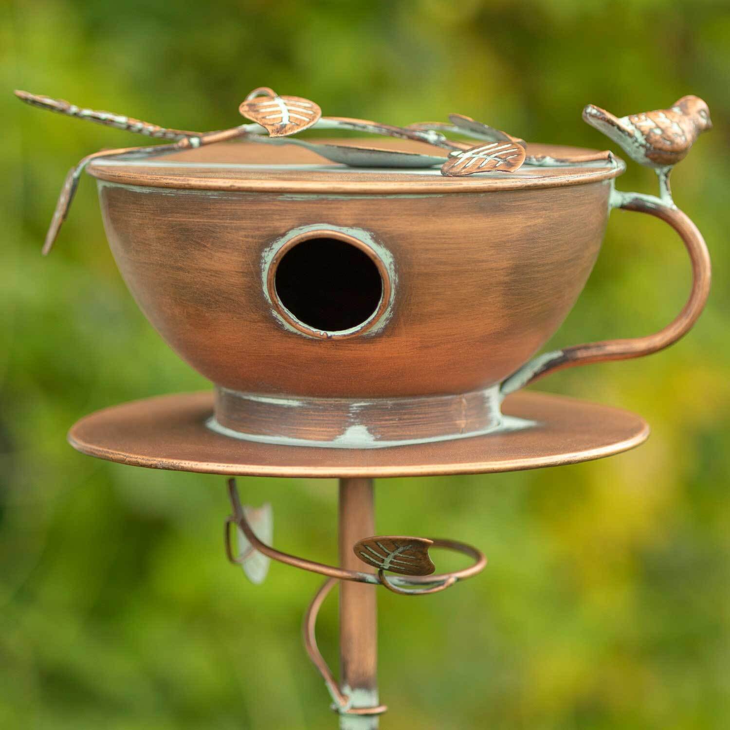 Tall Tea Cup Birdhouse Garden Stake in Antique Copper