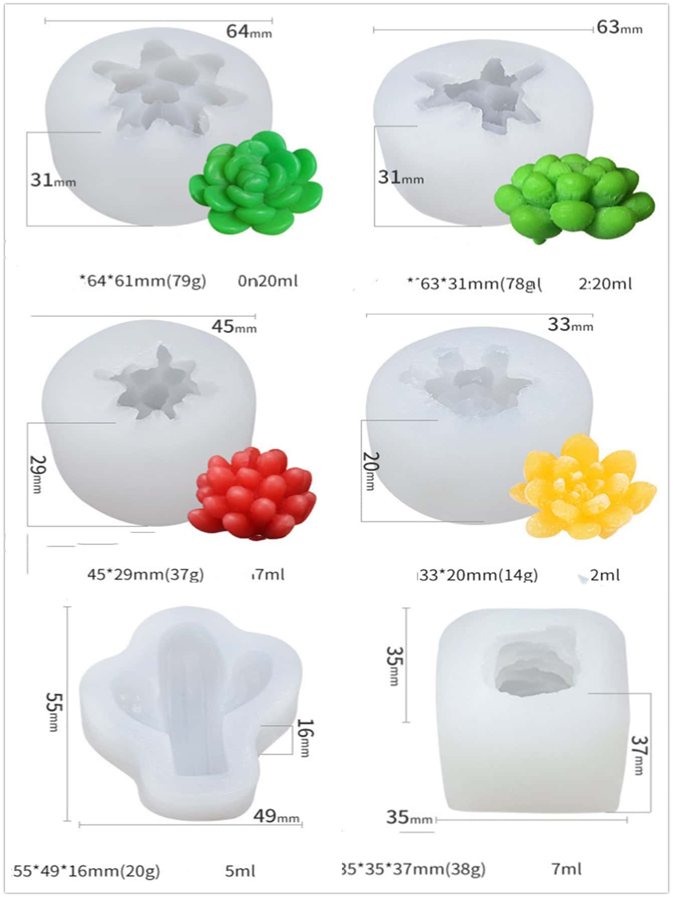 6pcs Succulents Design DIY Silicone Mold